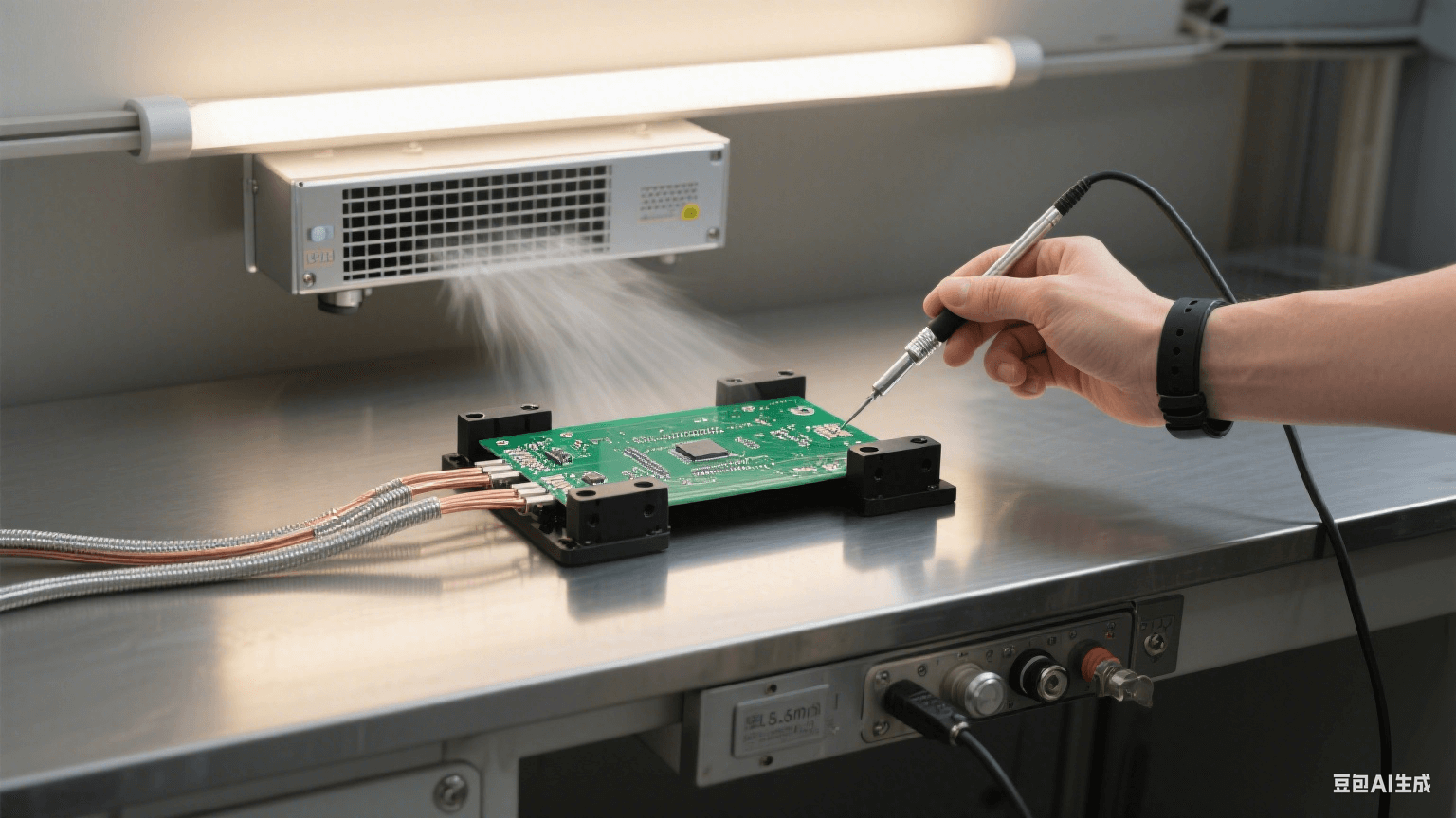 測試環(huán)節(jié)防護(hù)：銀灰色測試臺(tái)固定 PCB，黑色夾具連多股銅纜接地，上方離子風(fēng)機(jī)吹氣，人員戴防靜電手環(huán)持探針