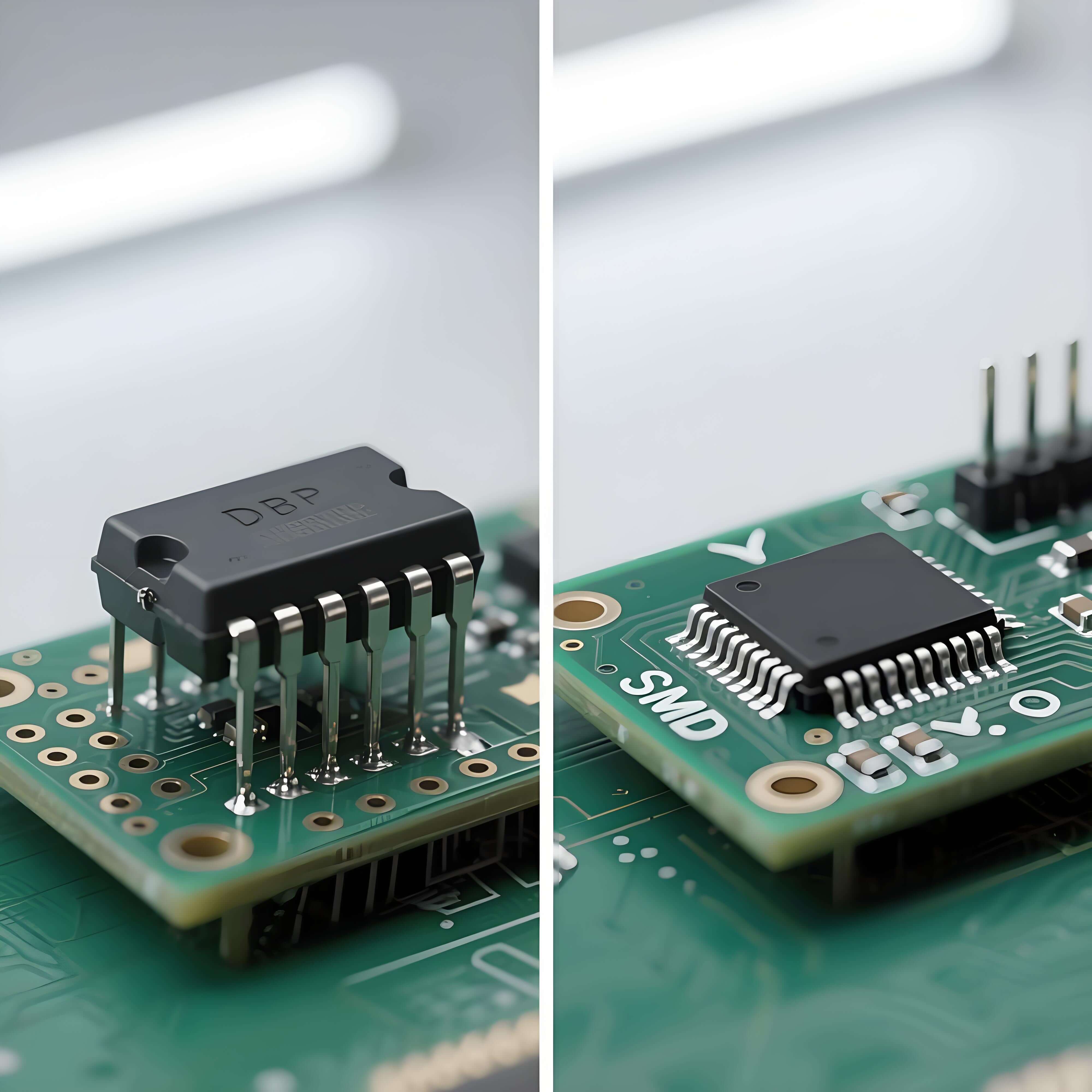 DIP 與 SMT 封裝對比特寫，左側黑色環氧樹脂 DIP 芯片雙列直插引腳，右側銀色 SMT 器件表面貼裝引腳，均置于綠色 PCB 板，顯材質與結構差異