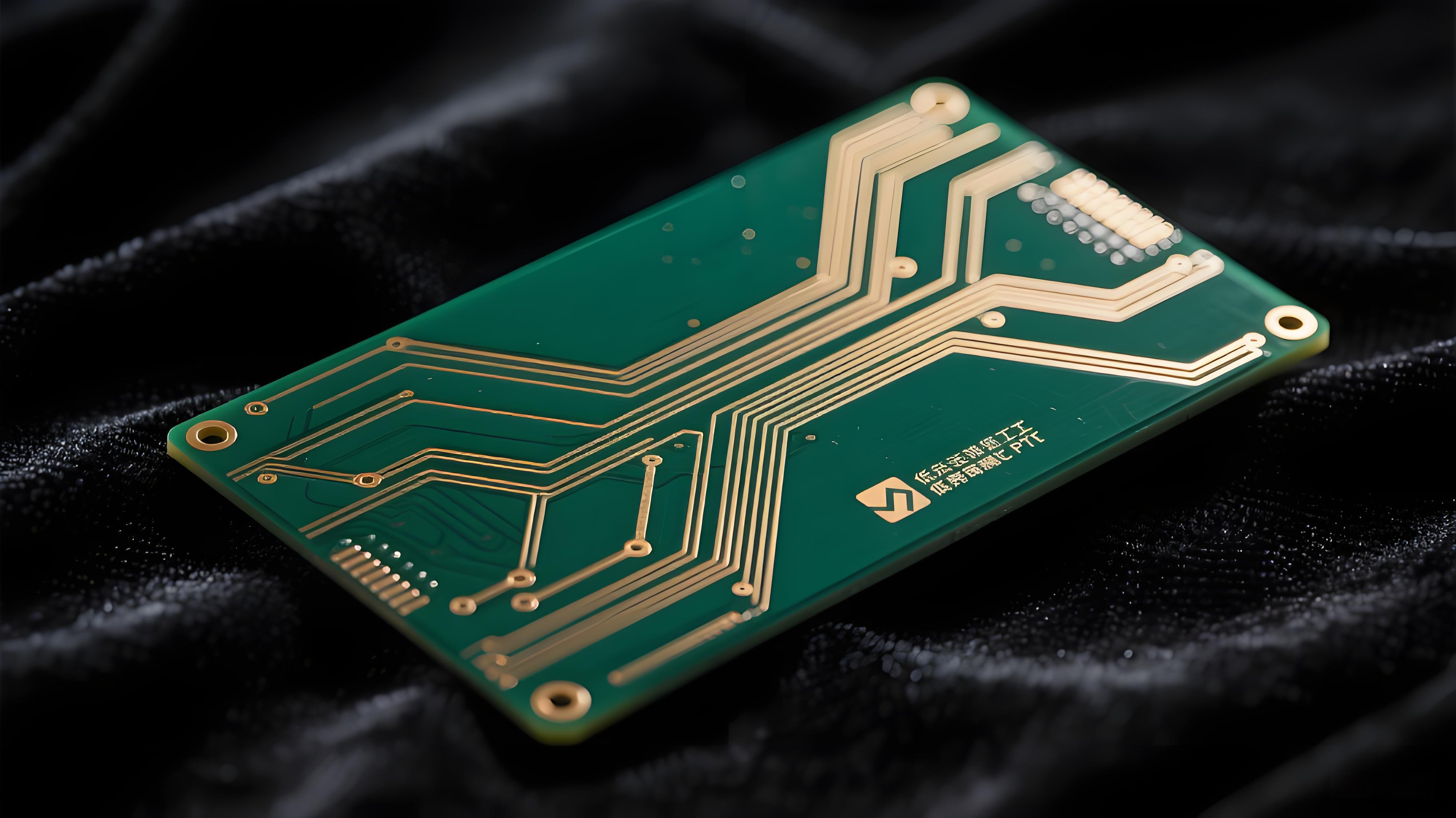 加工完成的高精度低損耗PTFE高頻電路板特寫 展示其復雜金色線路與深綠色基材