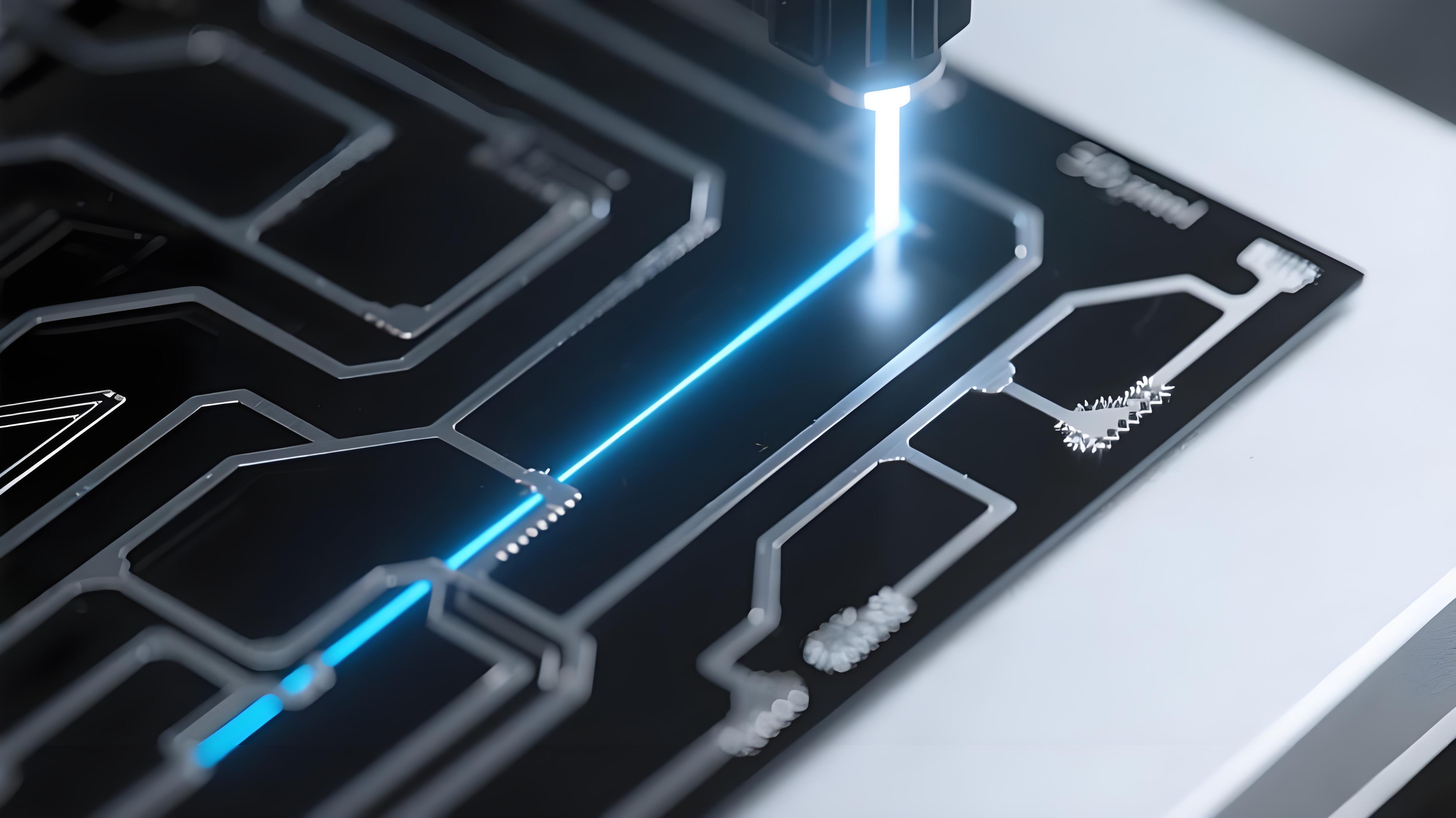 3D-MID 激光活化金屬化過程 淡藍色激光束 深綠色塑料基材 銀色金屬化軌跡 回流焊前預處理