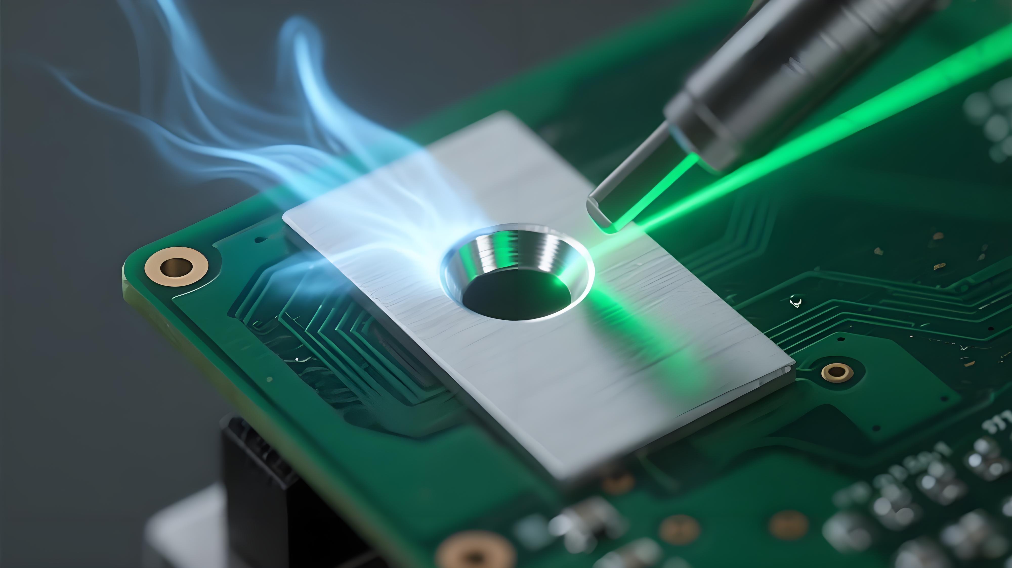 激光焊錫匙孔動態形成過程 紅色激光束聚焦 銀色液態焊料匙孔 深綠色 PCB 焊盤熱效應