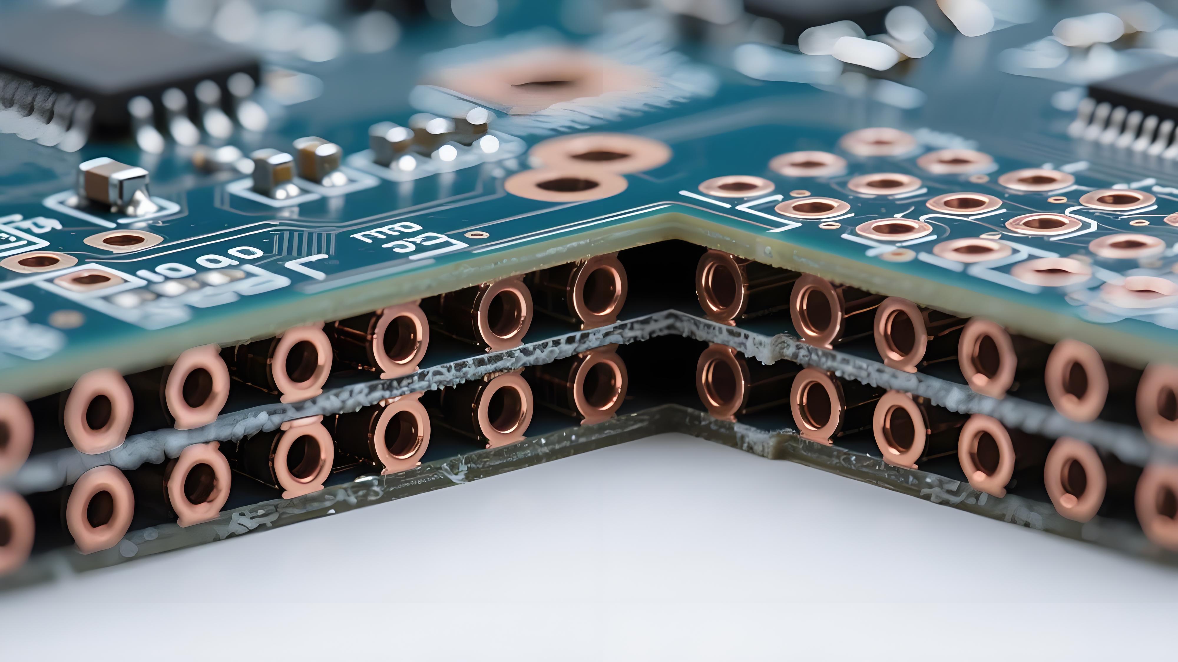 PCB散熱通孔陣列顯微切片橫截面，展示內(nèi)部銅填充結(jié)構(gòu)