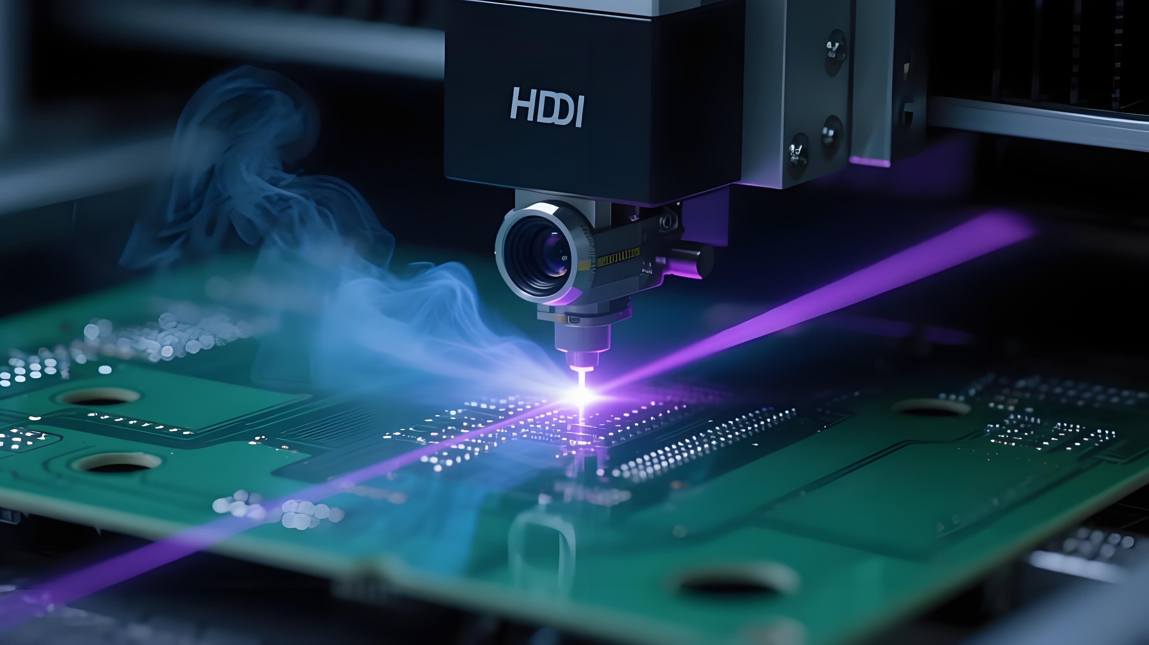 紫外激光鉆孔機在HDI板上進行微孔加工，激光光束聚焦