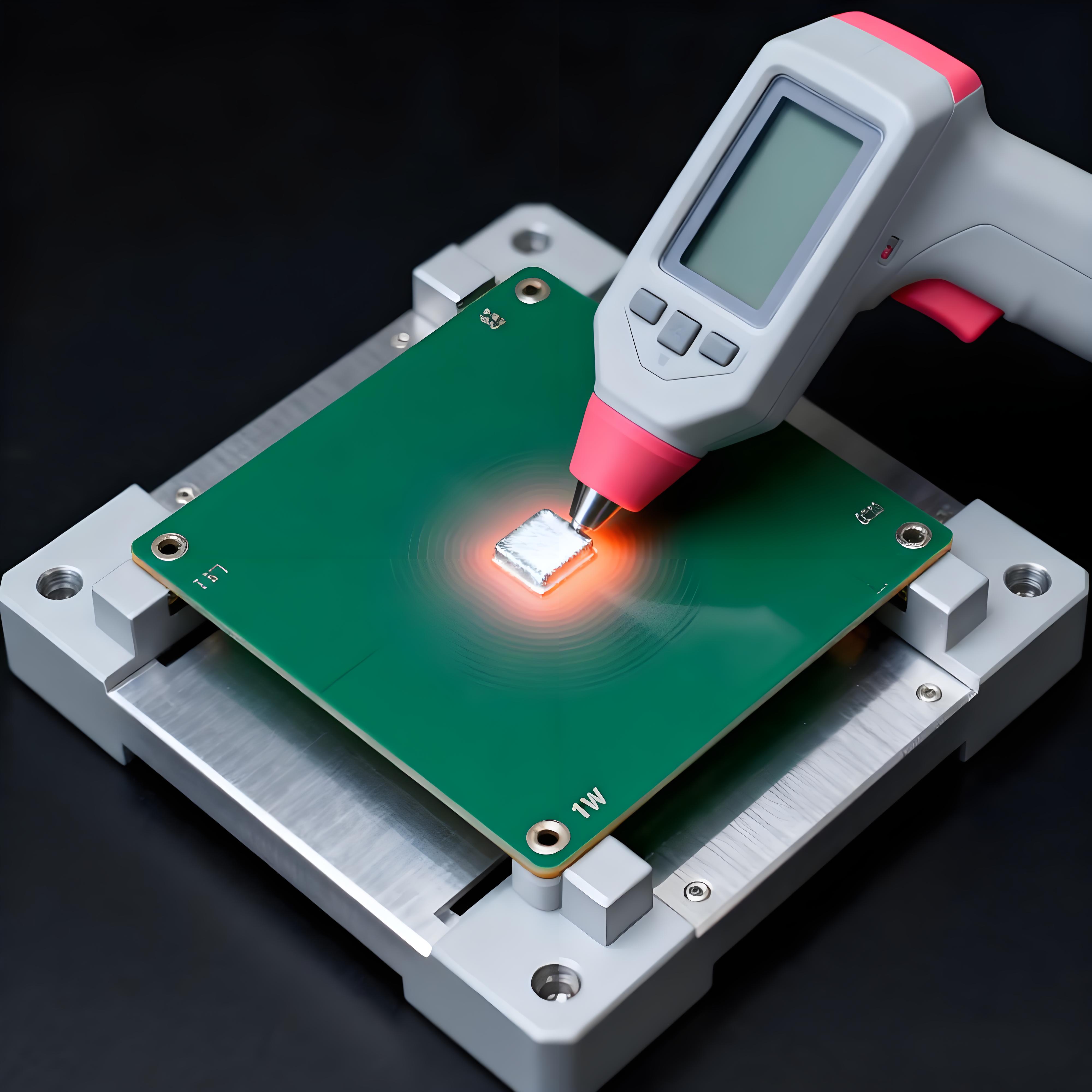 鋁基板熱阻測試微觀場景，紅外探頭監測焊點熱量擴散與溫度梯度