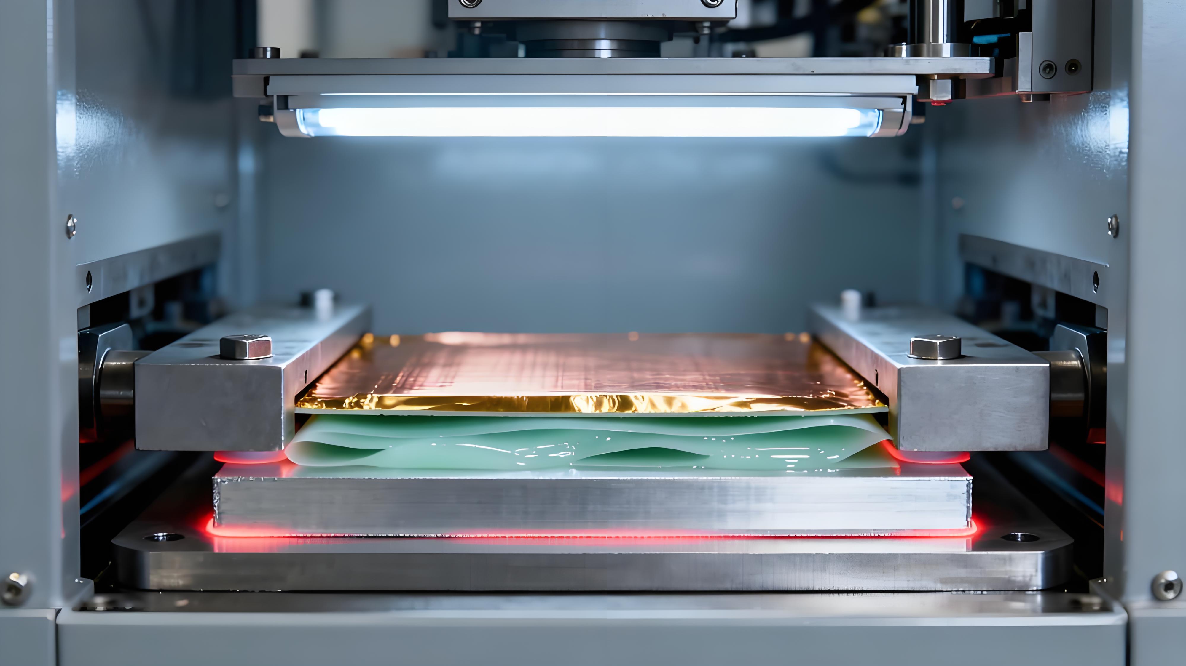 鋁基板絕緣層壓合工藝場景，銅箔、導熱絕緣膠膜與鋁板在高溫高壓下緊密貼合