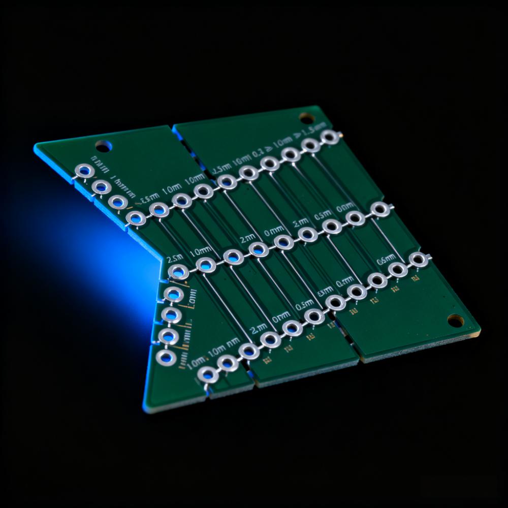 PCB異形拼板郵票孔連接特寫，1.0mm孔徑+2.5mm孔間距，連接筋寬度0.6mm遠離BGA焊盤