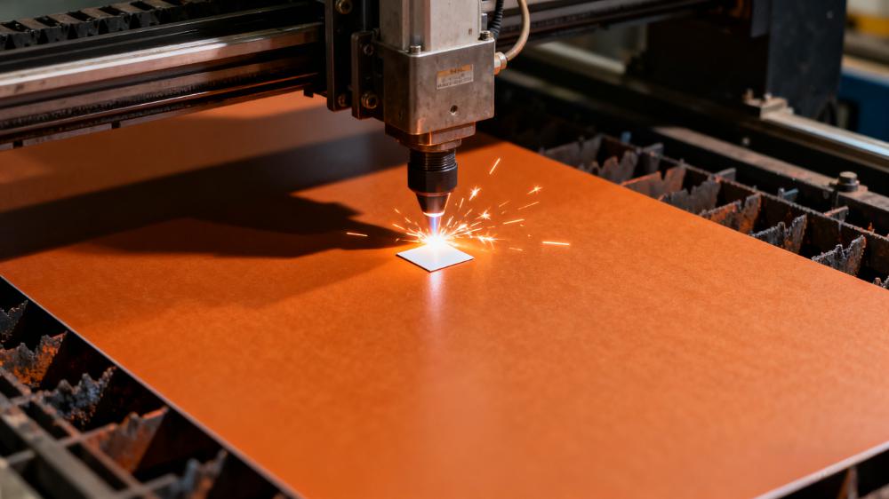 高頻板材介電常數測試-樣品制備流程，激光切割機正在精密切割PTFE高頻板材樣品