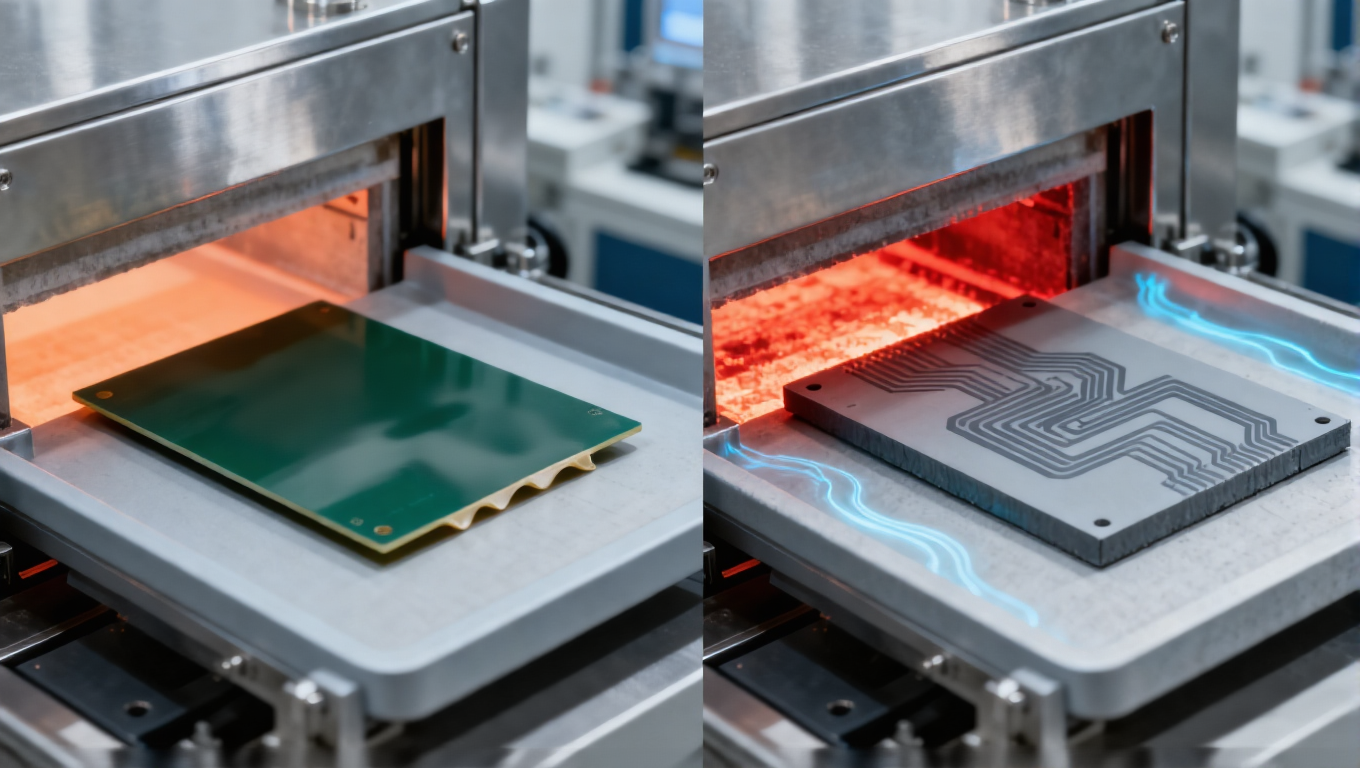 LTCC與HTCC燒結工藝對比場景，850-900℃淡橙色光適配銀漿線路，1600-1800℃深紅色光適配鎢漿線路