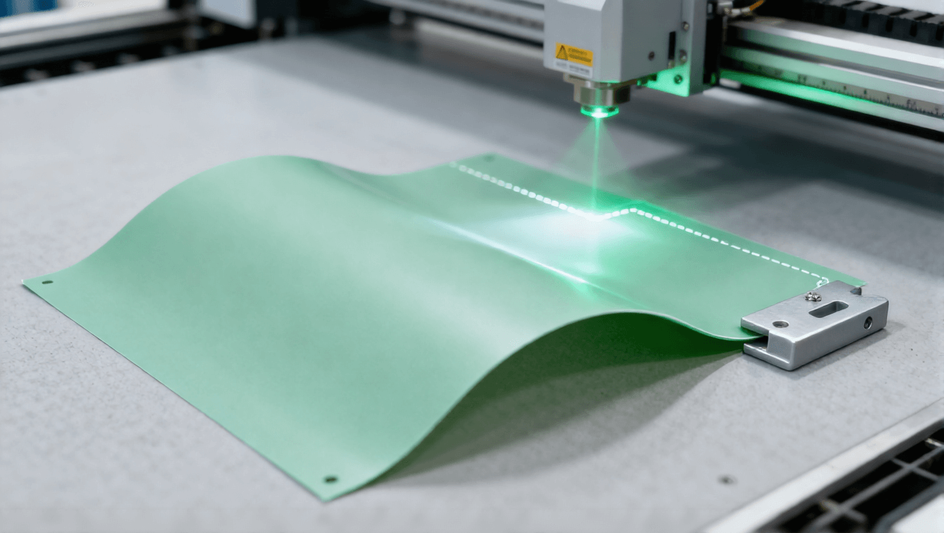 柔性 PCB 激光輪廓切割場(chǎng)景，淡綠色激光無(wú)應(yīng)力切割 PI 板邊緣整齊