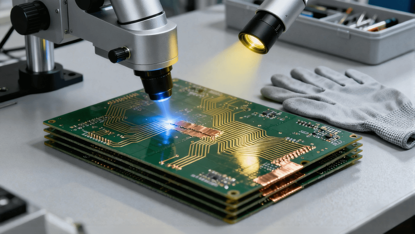 PCB 線(xiàn)路缺陷激光修復(fù)場(chǎng)景，淡藍(lán)色微光束微米級(jí)切除多余銅箔修復(fù)短路