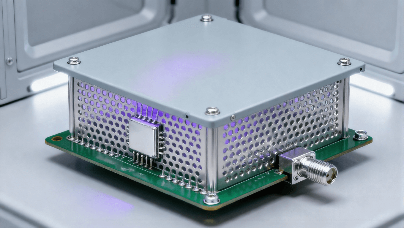 射頻前端 PCB 屏蔽防護場景，過孔墻 + 金屬屏蔽罩實現 70dB@10GHz 隔離度