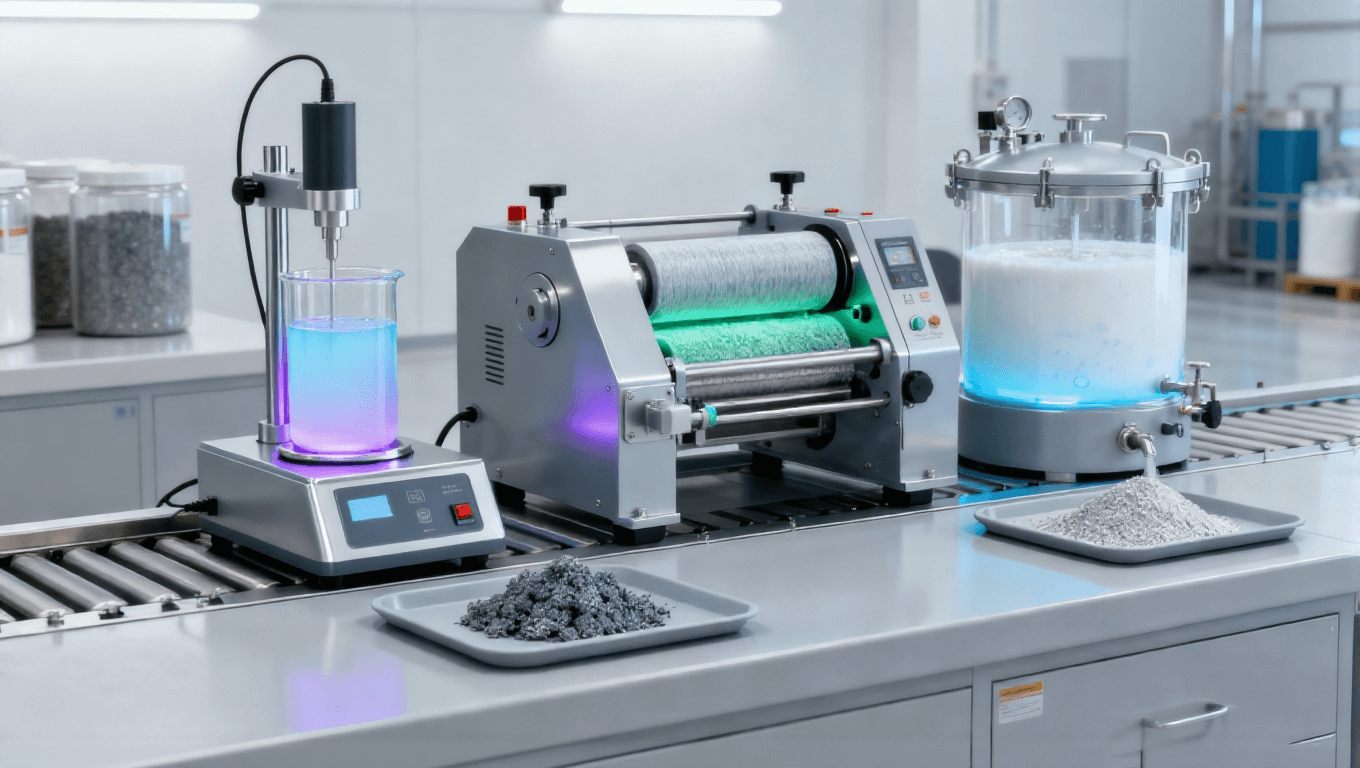 石墨烯多級分散工藝場景，超聲+三輥研磨+脫泡實現顆粒＜2μm均勻分散