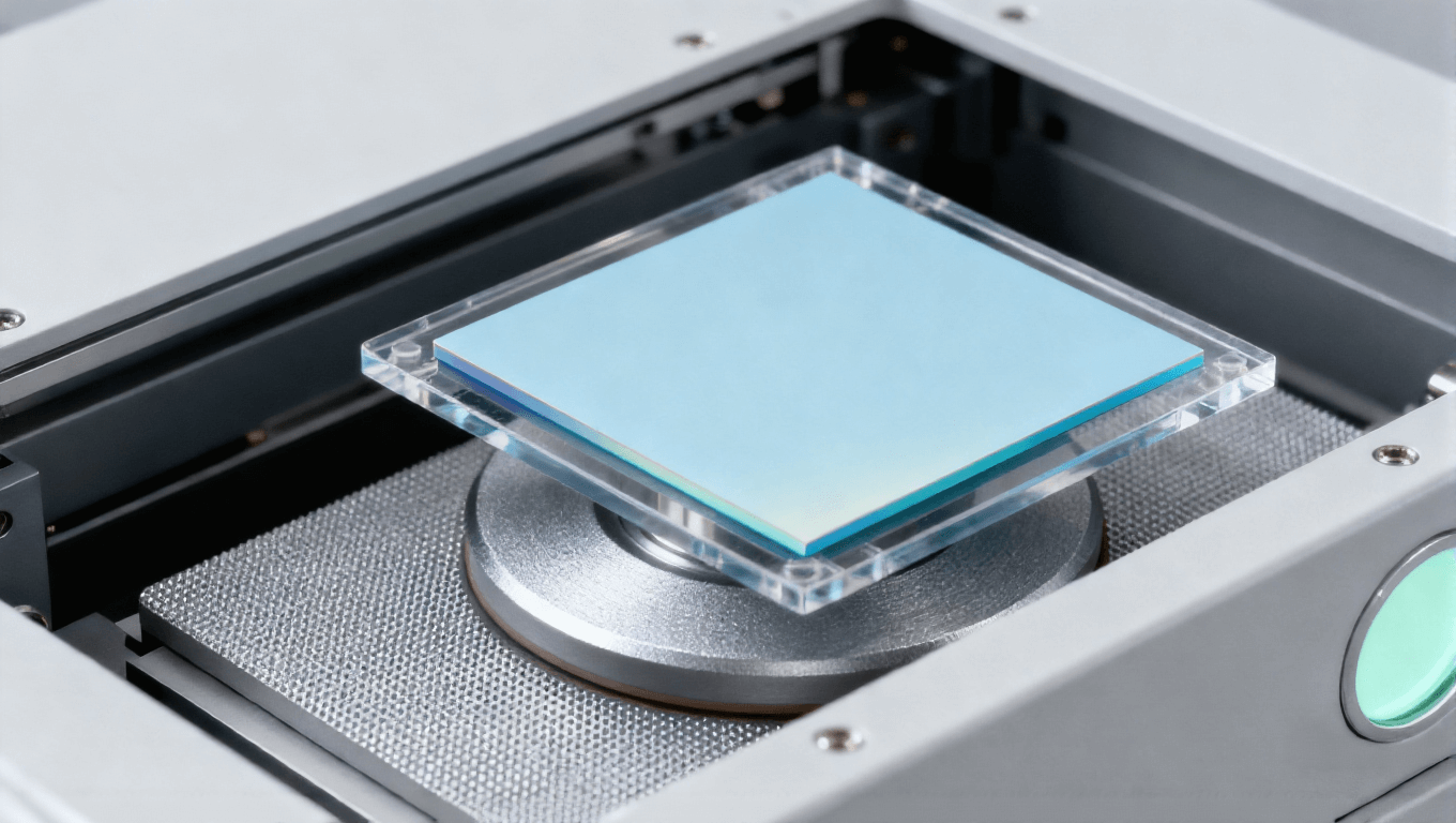 芯片減薄工藝，淡藍色芯片與研磨頭，減薄設備內部場景