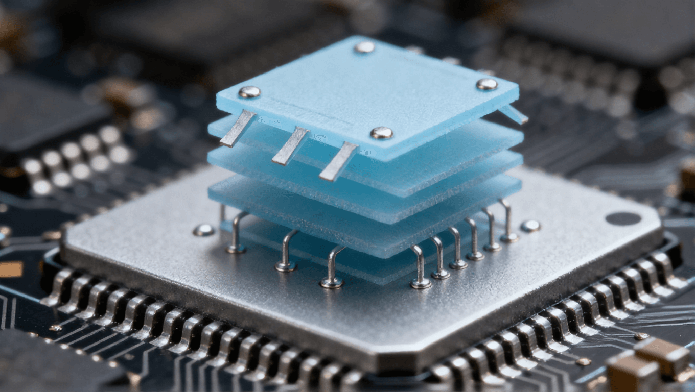 感器三維堆疊，淡藍色傳感器與銀灰色處理芯片