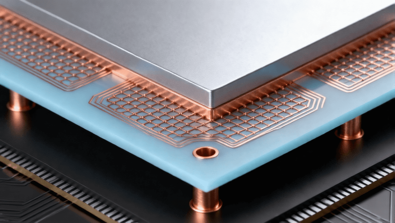 三維堆疊硅中介層，淡藍色硅片與銅色互連線路