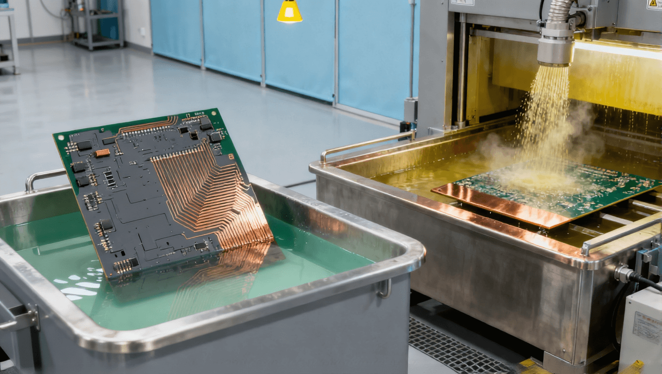 汽車電子高端PCB的mSAP工藝制造場景，展示電鍍槽、差分蝕刻設備及PCB基板，車規級PCB生產環境