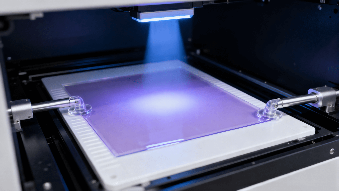 PCB改良型半加成法mSAP工藝光刻顯影環節，展示臥式光刻設備、透明PI基板、淡紫色光刻膠及紫外光，高端PCB光刻場景