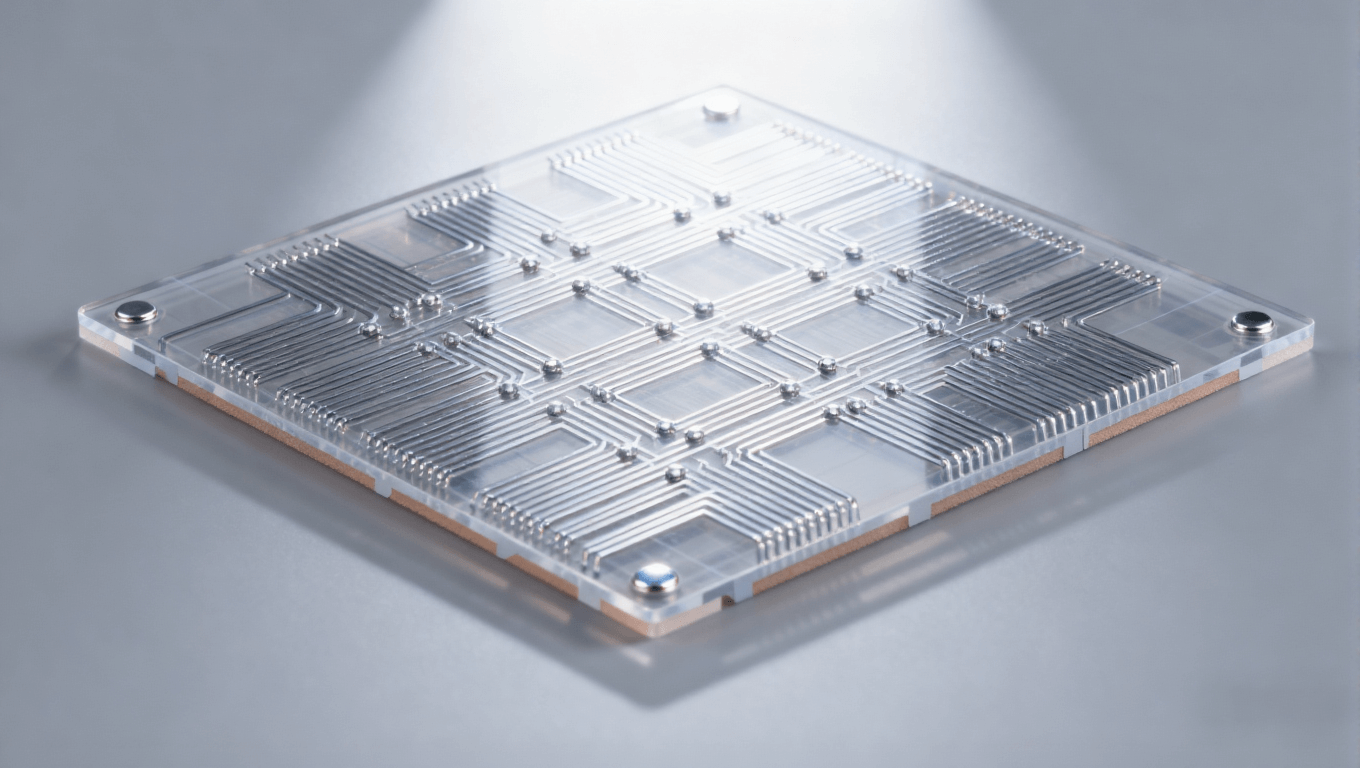 Mini LED驅動板mSAP工藝精細線路特寫，展示透明PCB基板與銀銅色細密線路，高端PCB線路細節圖