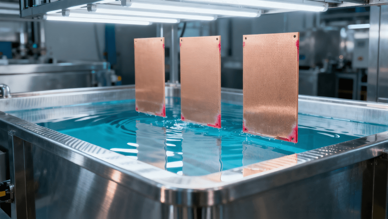 PCB半加成法SAP工藝化學鍍銅工序場景，展示立式銀灰色金屬鍍銅槽、透明藍色鍍液及FR-4基板，高端PCB制造車間環境