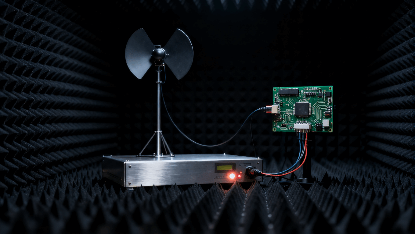 電路板電磁兼容性測試場景，在屏蔽暗室中評估輻射發射與抗干擾能力