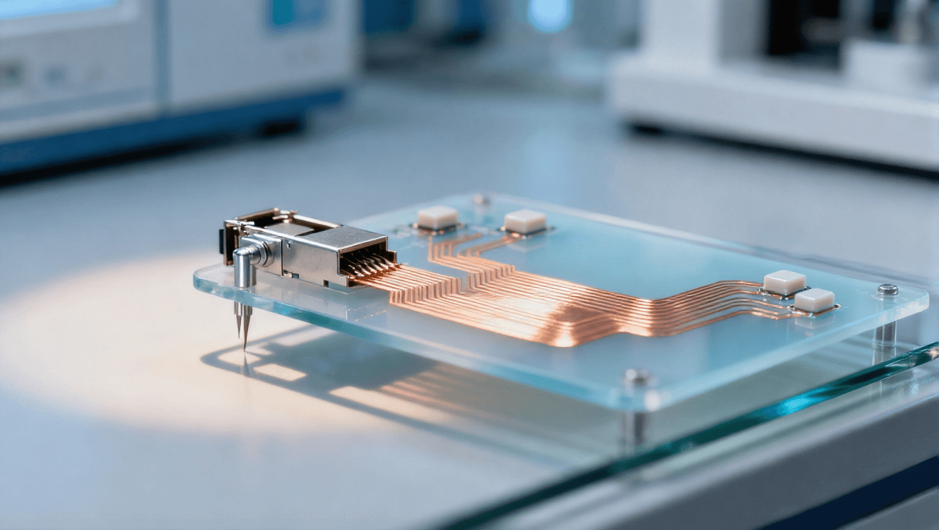 實(shí)驗(yàn)室測(cè)試光模塊 PCB 淡藍(lán)色低 Dk 基材 淺橙色銅箔線(xiàn)路 金屬測(cè)試探針 電子測(cè)試場(chǎng)景 冷光光影