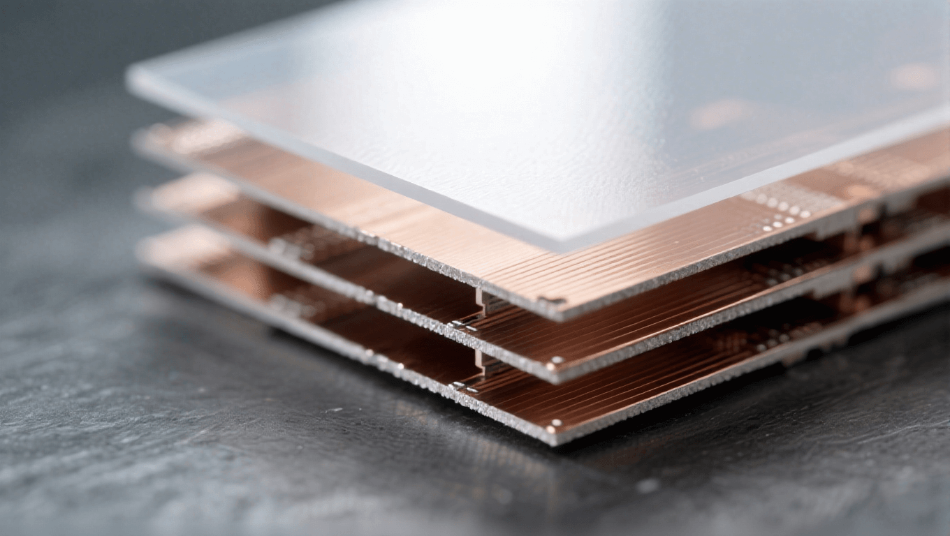 光模塊PCB材料層壓工藝特寫(xiě) 半透明淡灰介電層 銀銅色銅箔層 冷白頂光 電子制造工藝 微觀質(zhì)感