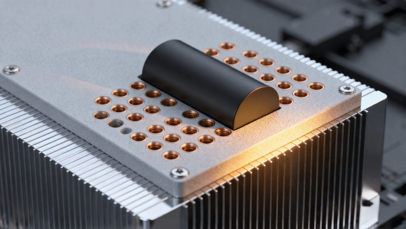 光模塊PCB熱管理結(jié)構(gòu)特寫(xiě) 嵌入式黑色熱管 銅色散熱孔陣列 銀色散熱片 暖黃側(cè)光 科技感