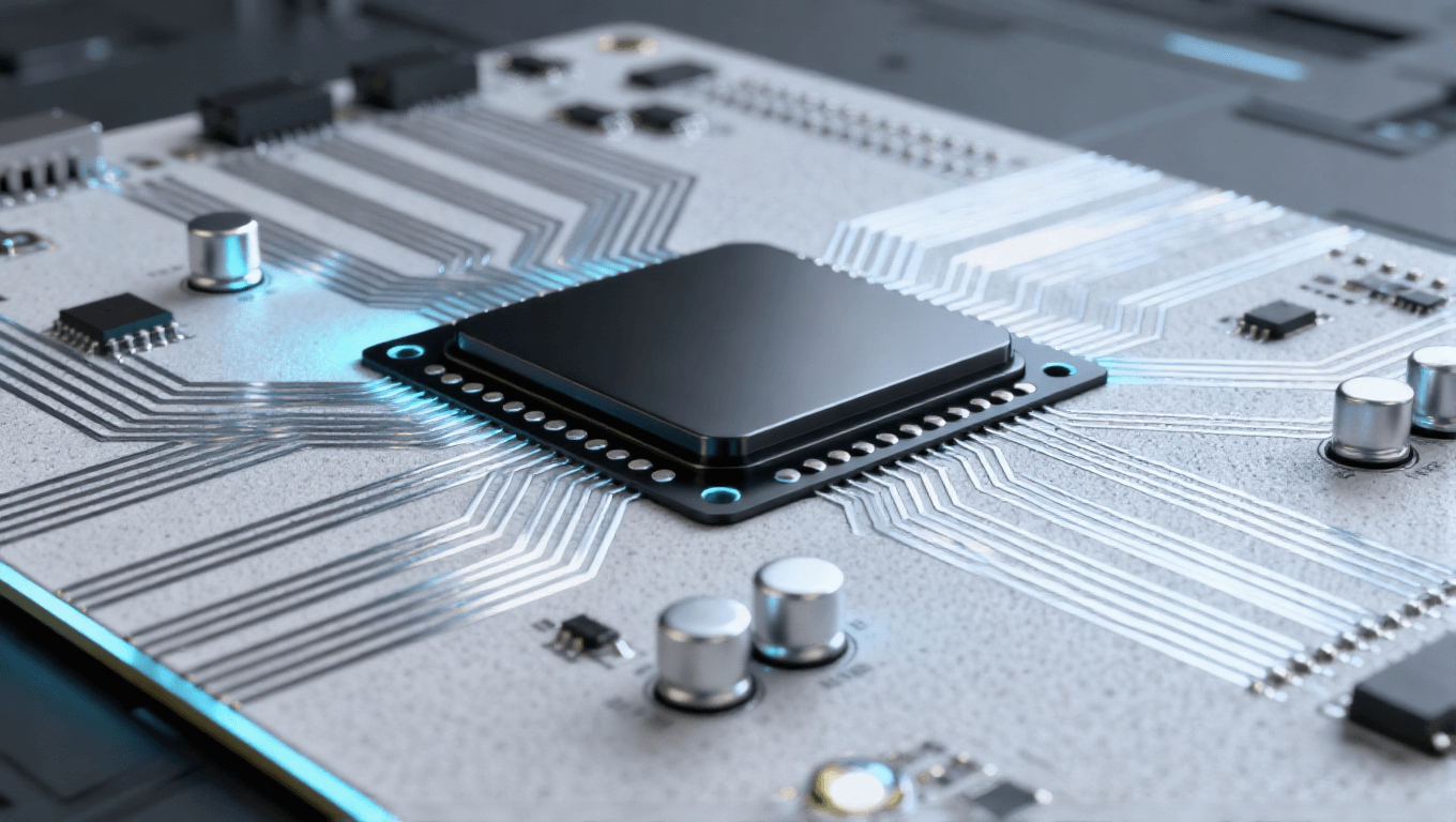 光模塊 PCB 微距特寫(xiě) 多層結(jié)構(gòu) 銀銅色精密線(xiàn)路 啞光黑熱沉 散熱孔陣列 科技實(shí)驗(yàn)室背景 冷色調(diào)科技感