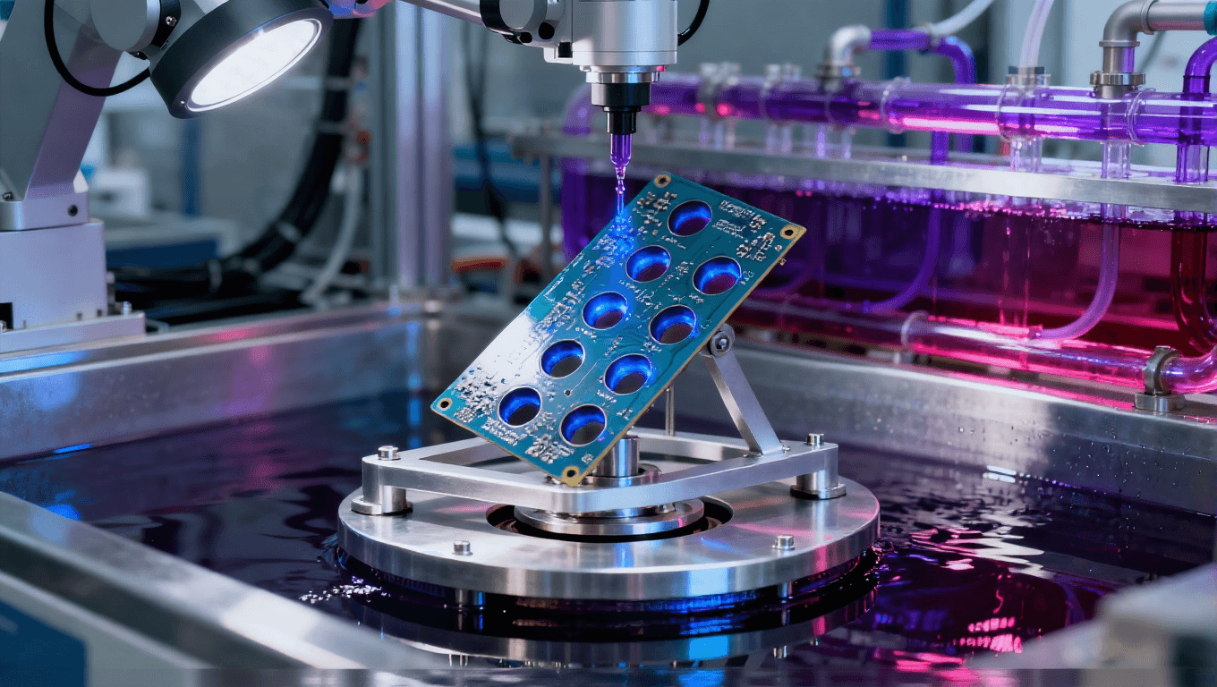 現代化實驗室中的水平電鍍設備特寫，展示精密PCB電鍍工藝  