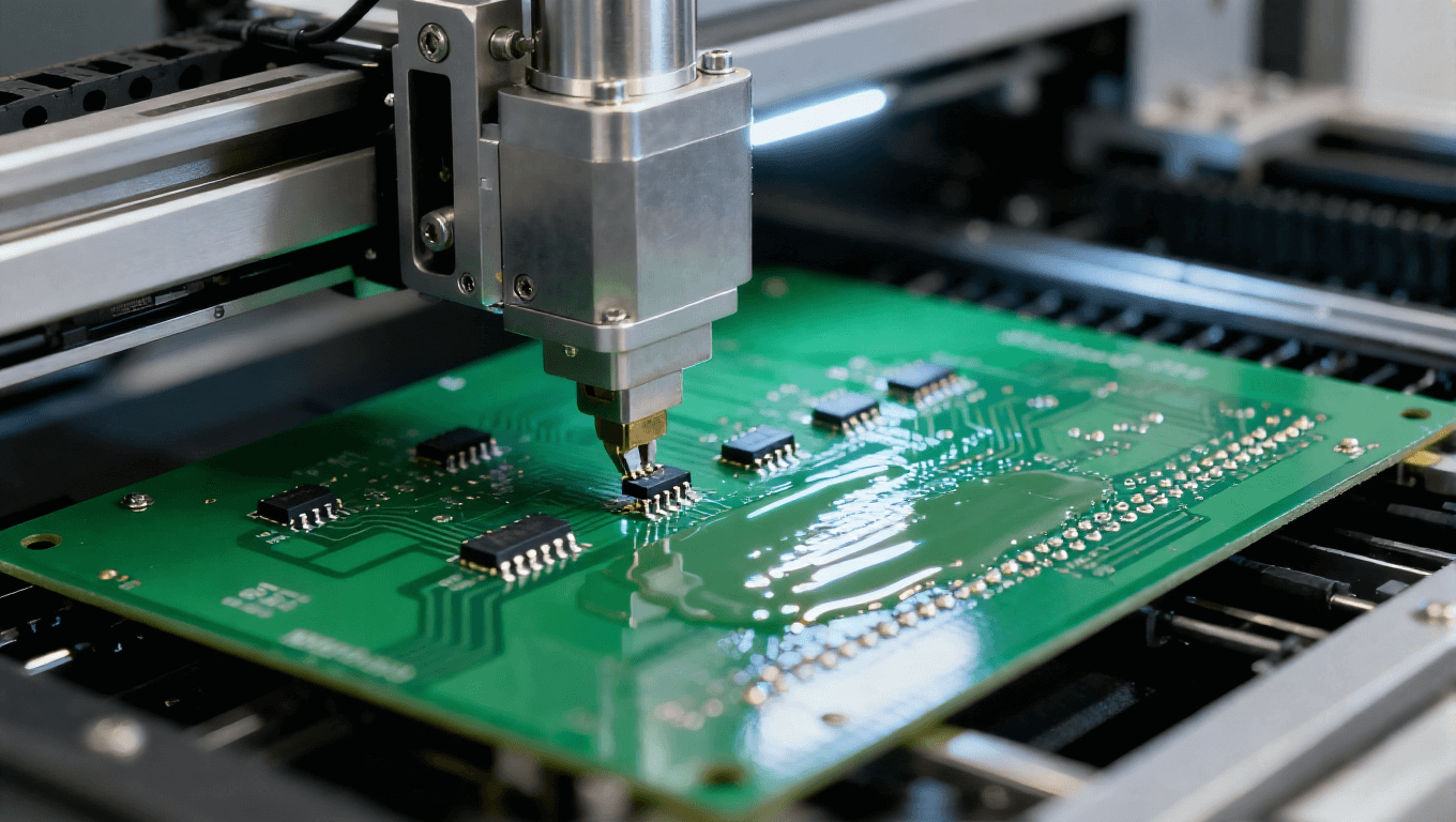 自動化貼片機機械臂抓取元器件，對準綠色 PCB 焊盤的 SMT 貼裝工序，焊盤涂有高亮焊膏.png