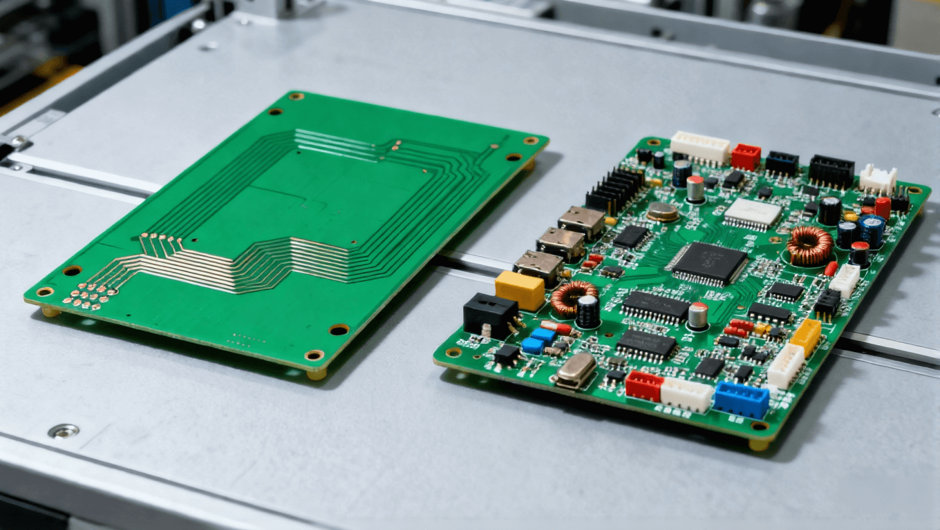 左側綠色 PCB 空板、右側集成元器件的 PCBA 組件，并列擺放的電子制造對比展示
