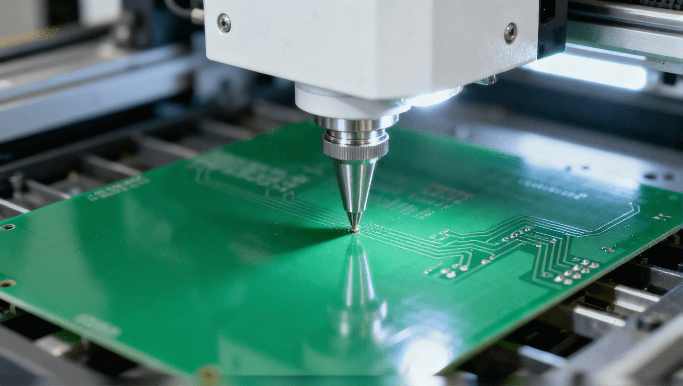 數控鉆孔設備對綠色 PCB 基板進行鉆孔，冷白光聚焦鉆孔點的工業加工場景