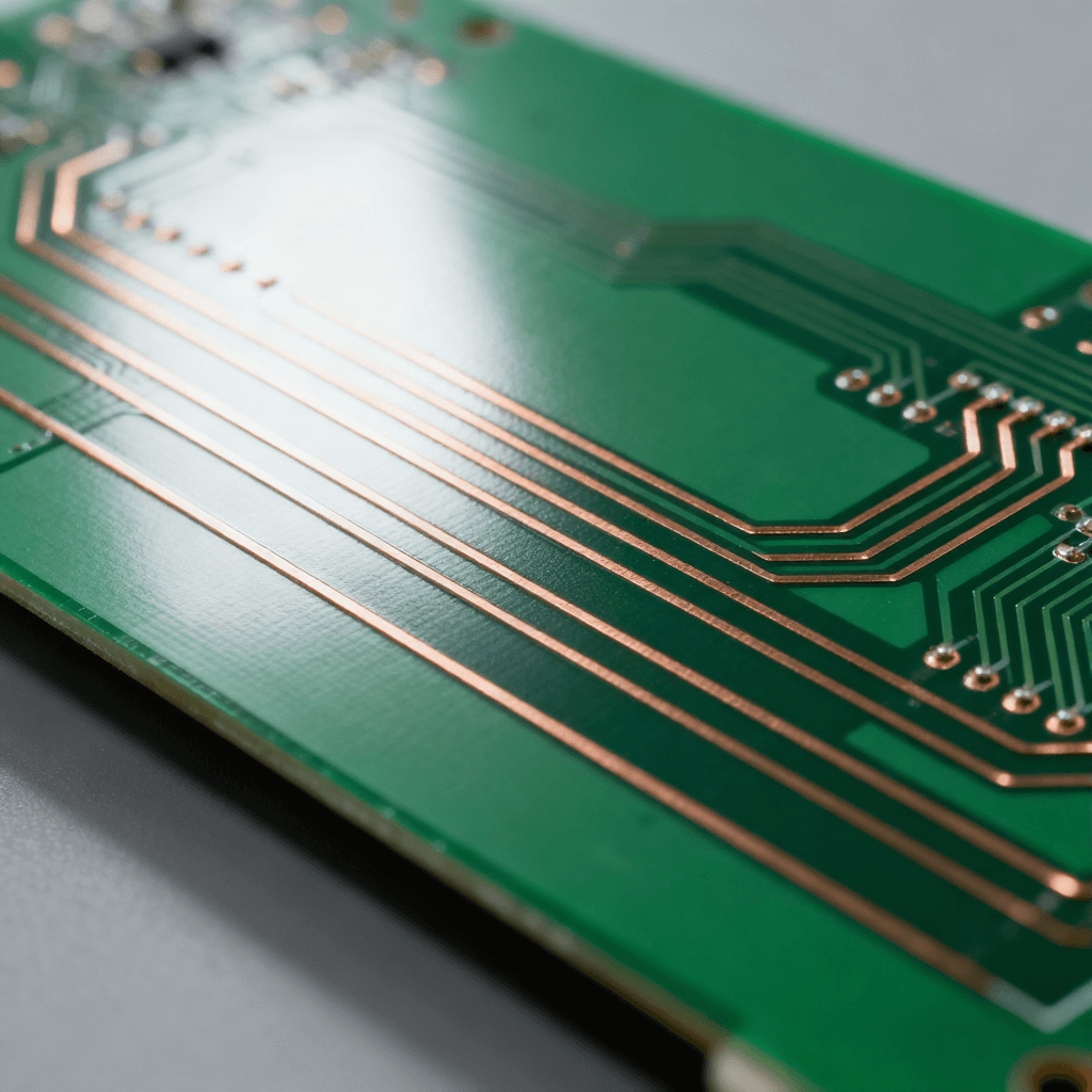 綠色 PCB 印刷電路板特寫，表面分布精密銅箔導電線路的硬質電子載體