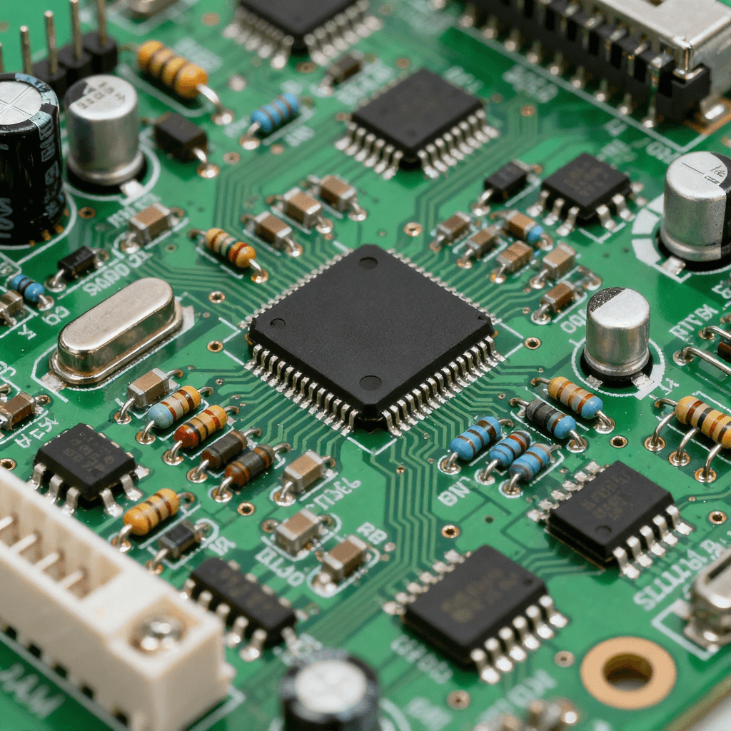 綠色 PCB 基板上集成電阻、電容、芯片的 PCBA 組件，焊點呈現金屬光澤