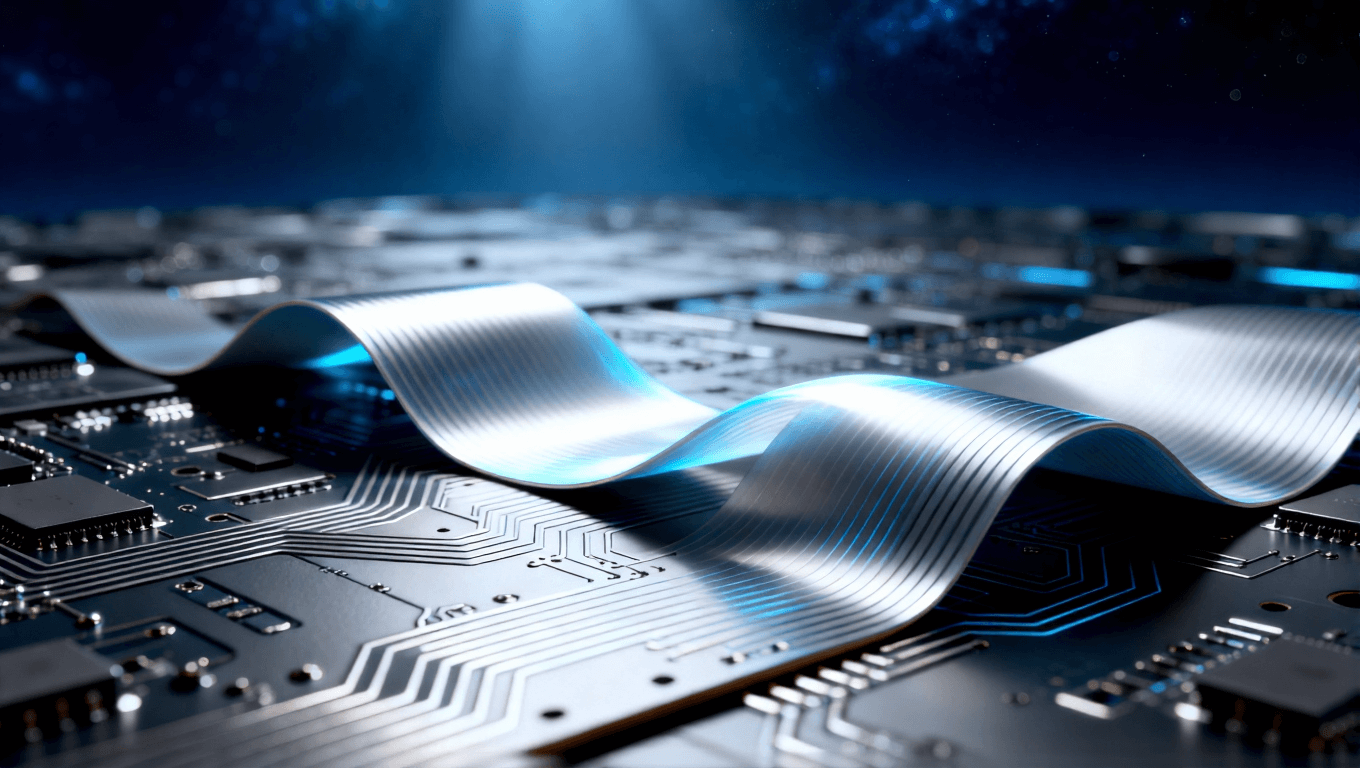 剛性電路板與超彈性柔性電路板對比，象征電子設備從固定形態向可折疊時代的材料革新