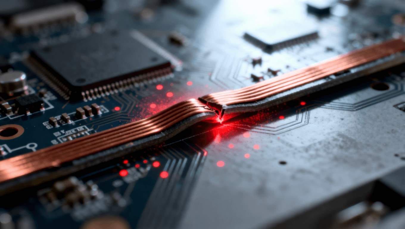 可折疊電路板鉸鏈區應力集中與疲勞損傷示意圖，揭示傳統材料在反復折疊中的挑戰