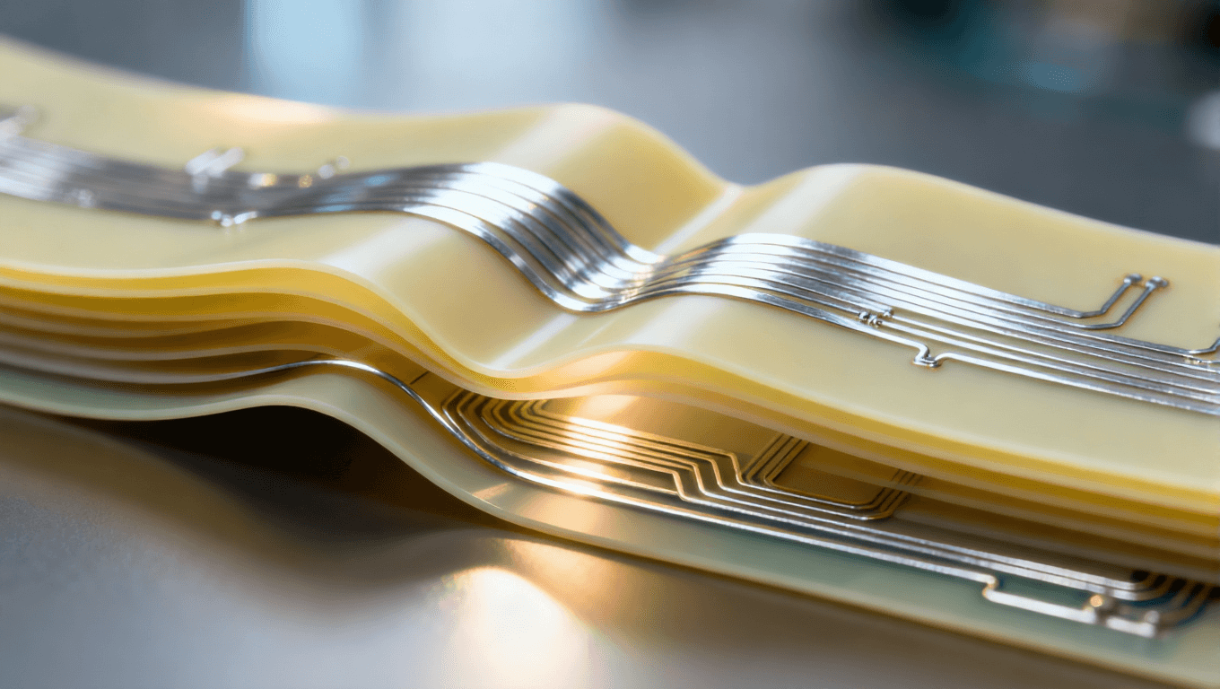 可折疊電路板內部結構剖面圖，顯示超彈性基板與柔性導體的集成設計