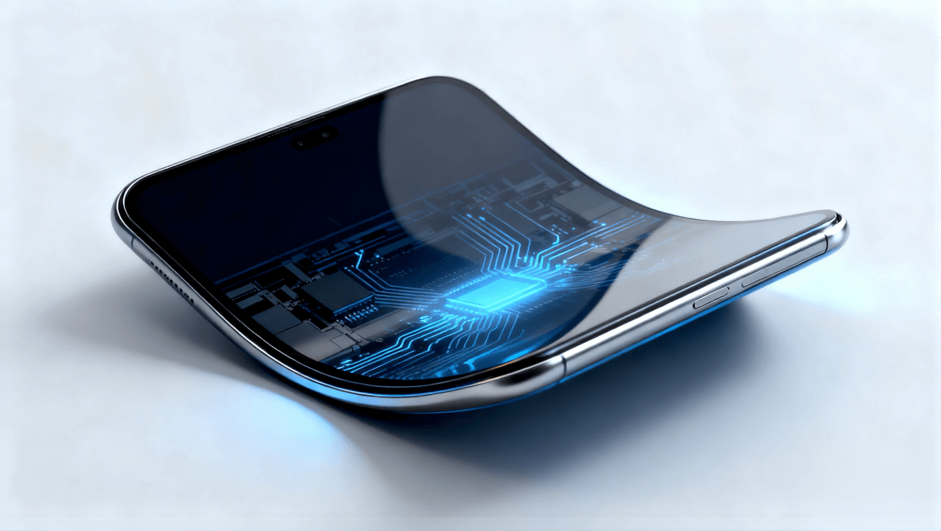 可折疊電子設備概念圖，展示超彈性材料支撐的柔性電路與無縫折疊設計