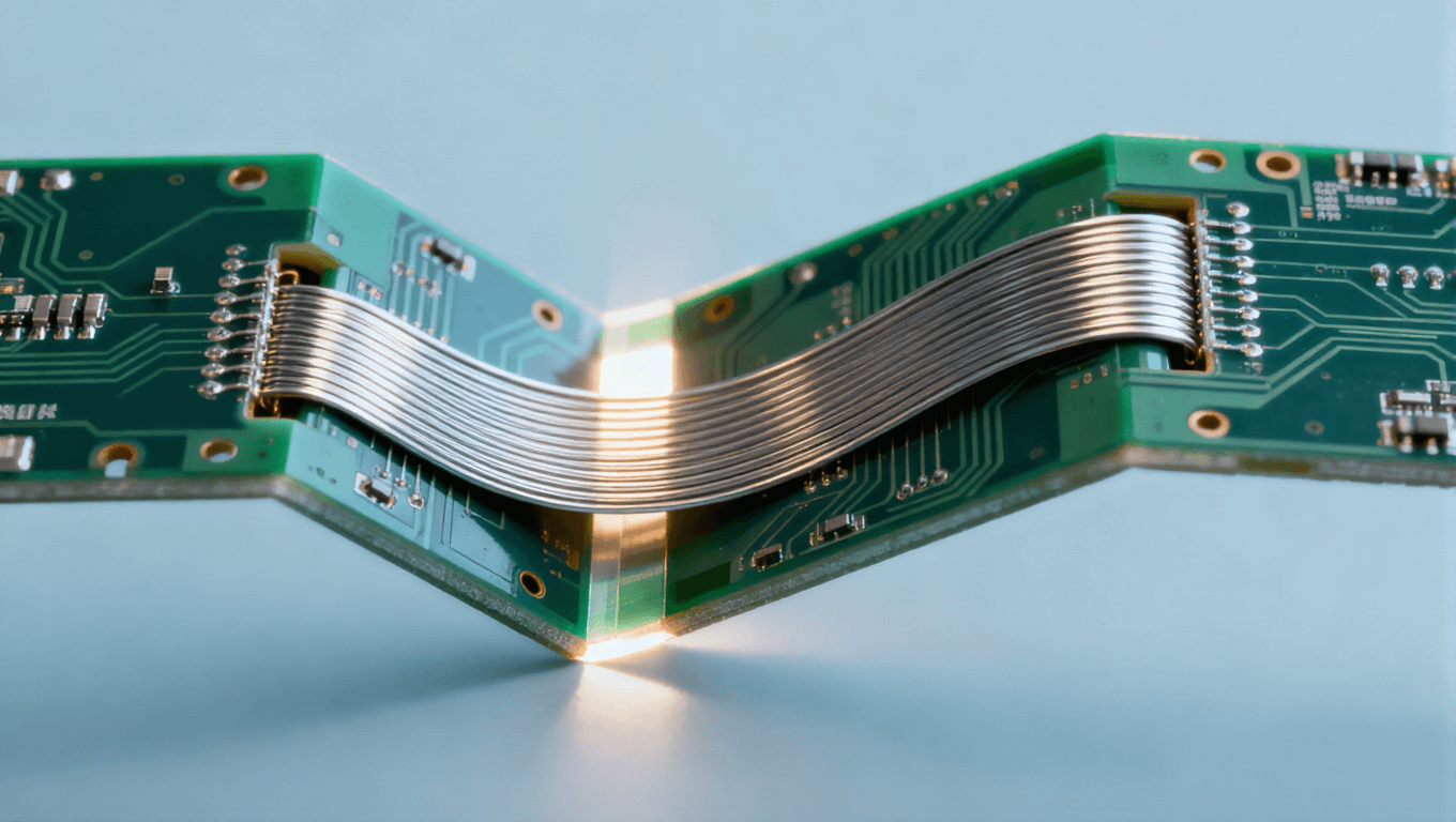 超彈性合金內嵌于可折疊電路板鉸鏈區結構圖，體現其提升耐折次數的解決方案