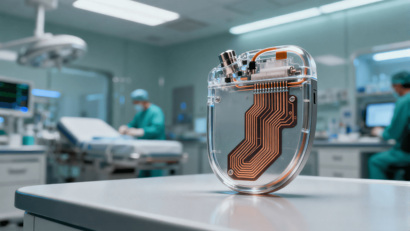 潔凈醫療環境中的植入式心臟起搏器，聚焦內部 PI 薄膜電路板的精密結構