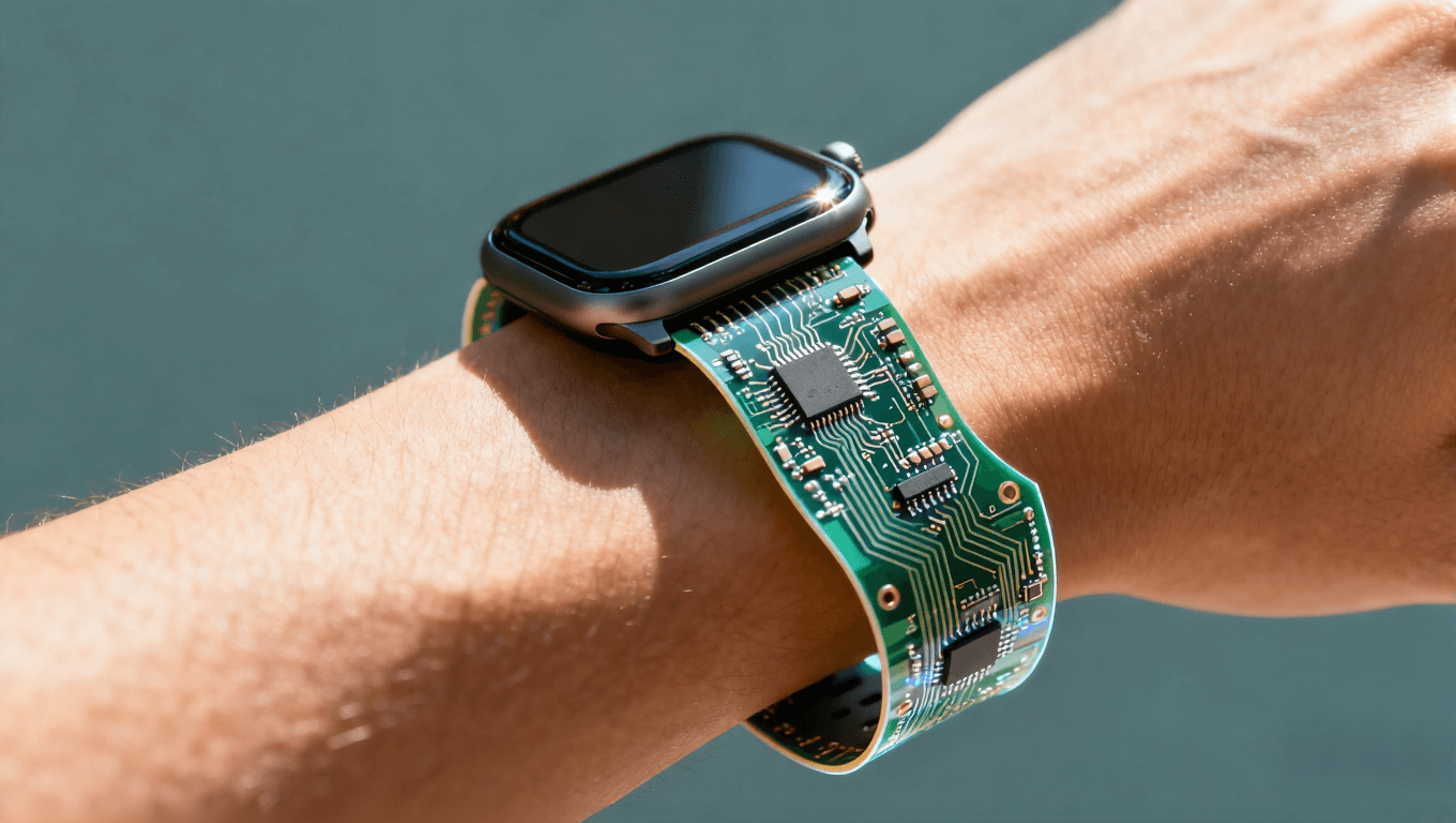 佩戴在手腕上的智能手表，電路板集成于表帶，突顯彎曲設計