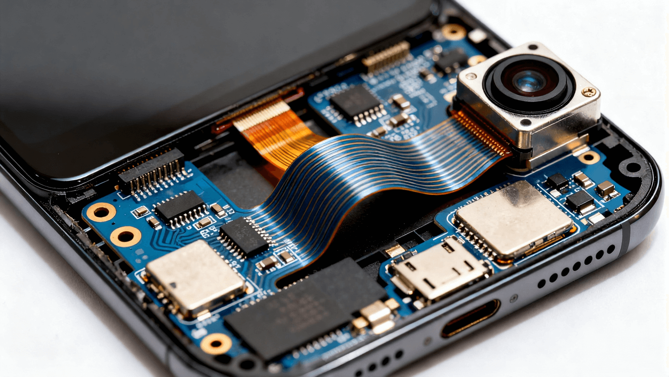 部分拆解的現代智能手機，靈活電路板繞過攝像頭模塊，體現緊湊集成設計