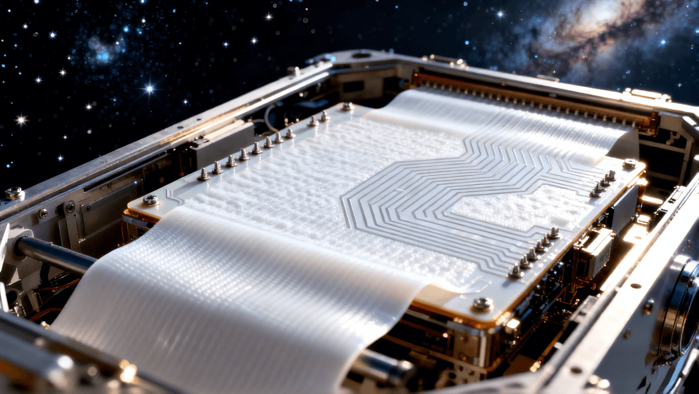 衛星載荷系統中的撓性電路板，強調 PTFE 材料的耐極端溫度特性