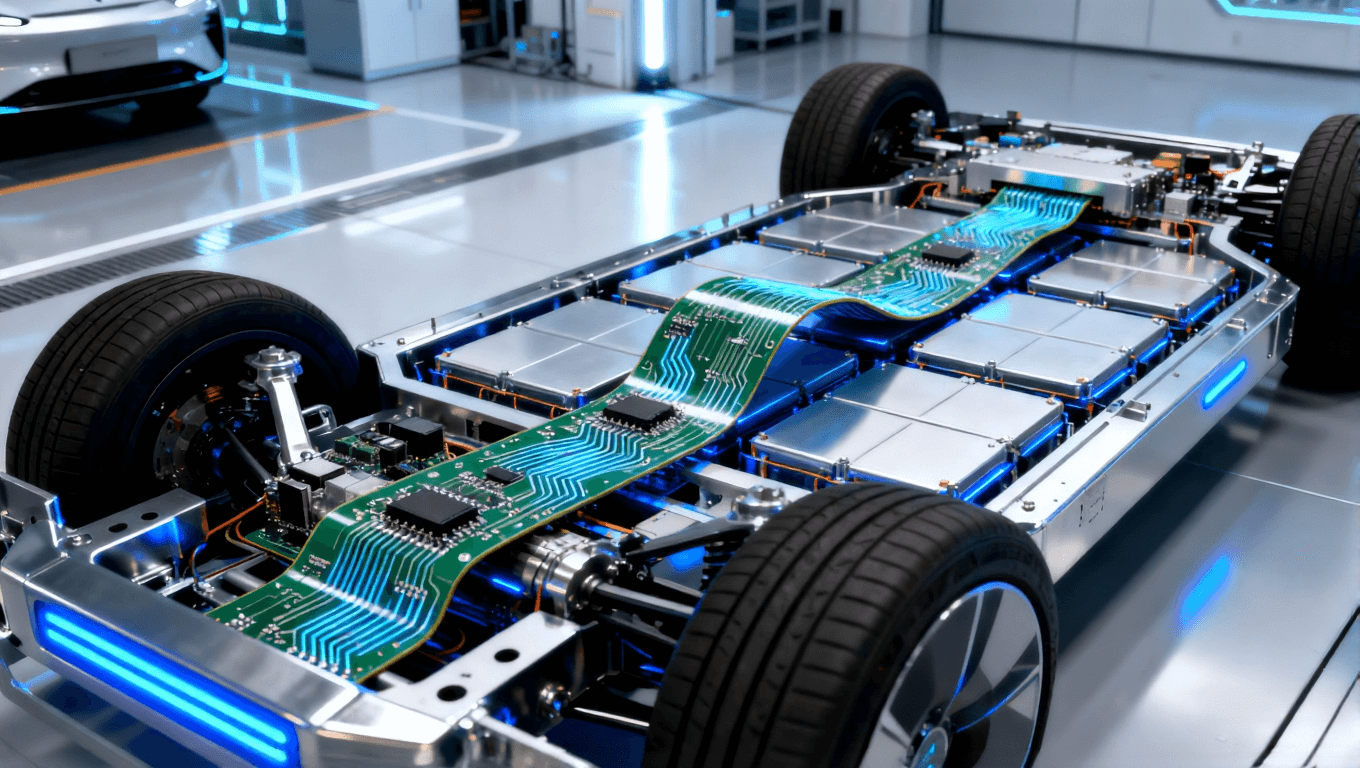 電動汽車電池包內部，靈活電路板穿過電池單元間隙，展現空間效率