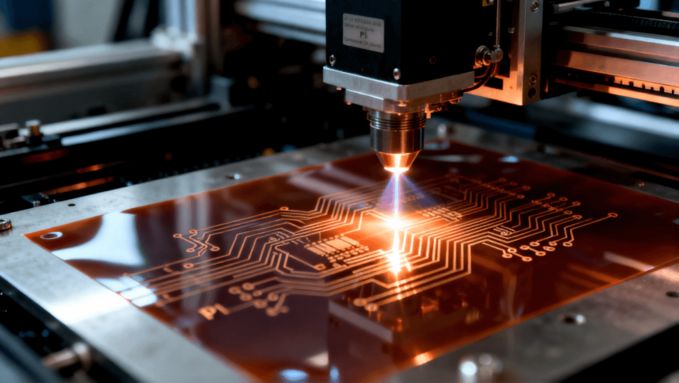 工業環境下的激光直接成型工藝，激光束在 PI 薄膜上精確形成電路