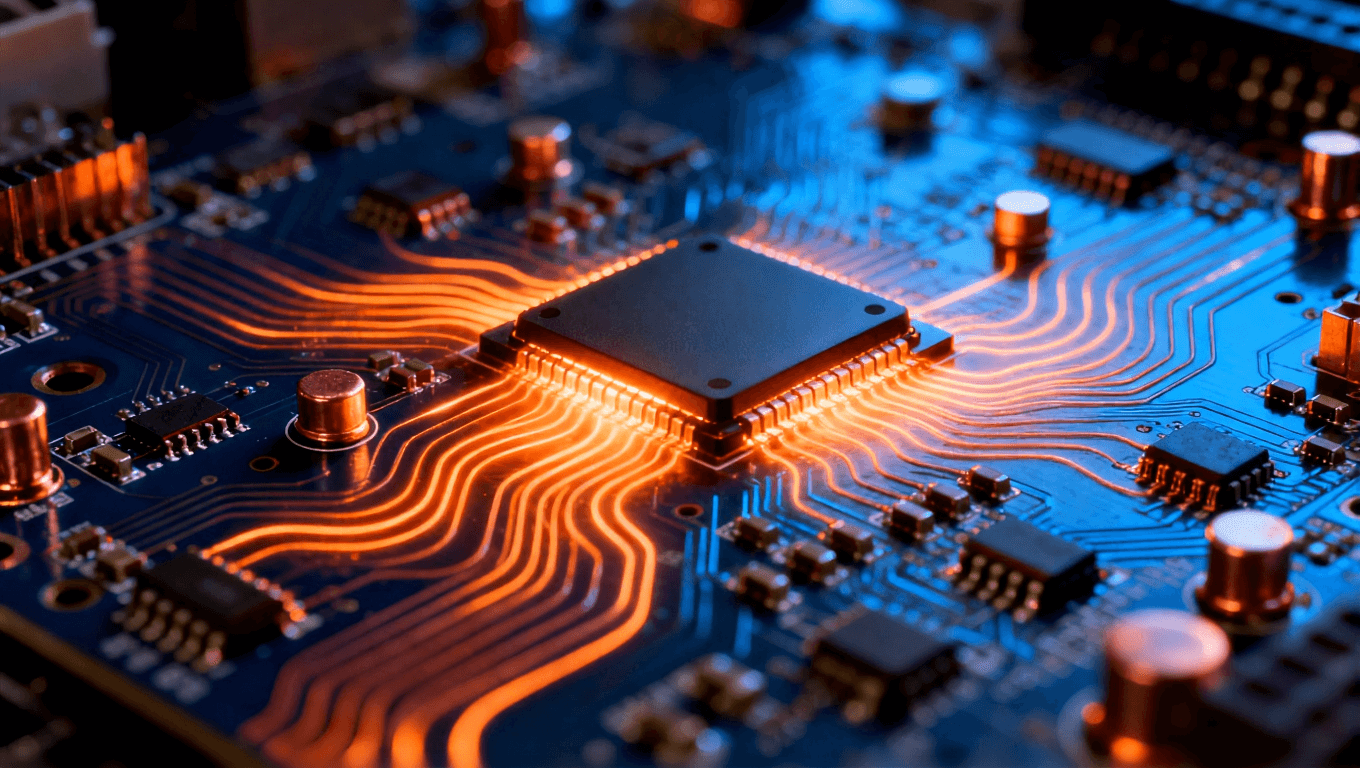 高科技電路板特寫，銅線和微芯片發熱光線，熱傳遞動態效果，金屬光澤，藍色與橙色對比，柔和陰影