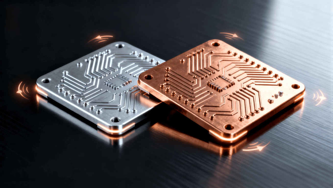 鋁基與銅基電路板放置在光滑黑色表面上，反射光澤，細致的金屬紋理，熱流符號微光環繞
