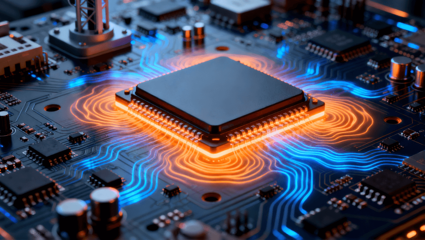 5G通信基站，安裝高功率組件的電路板，動態熱流圖案，橙藍色熱管理光效