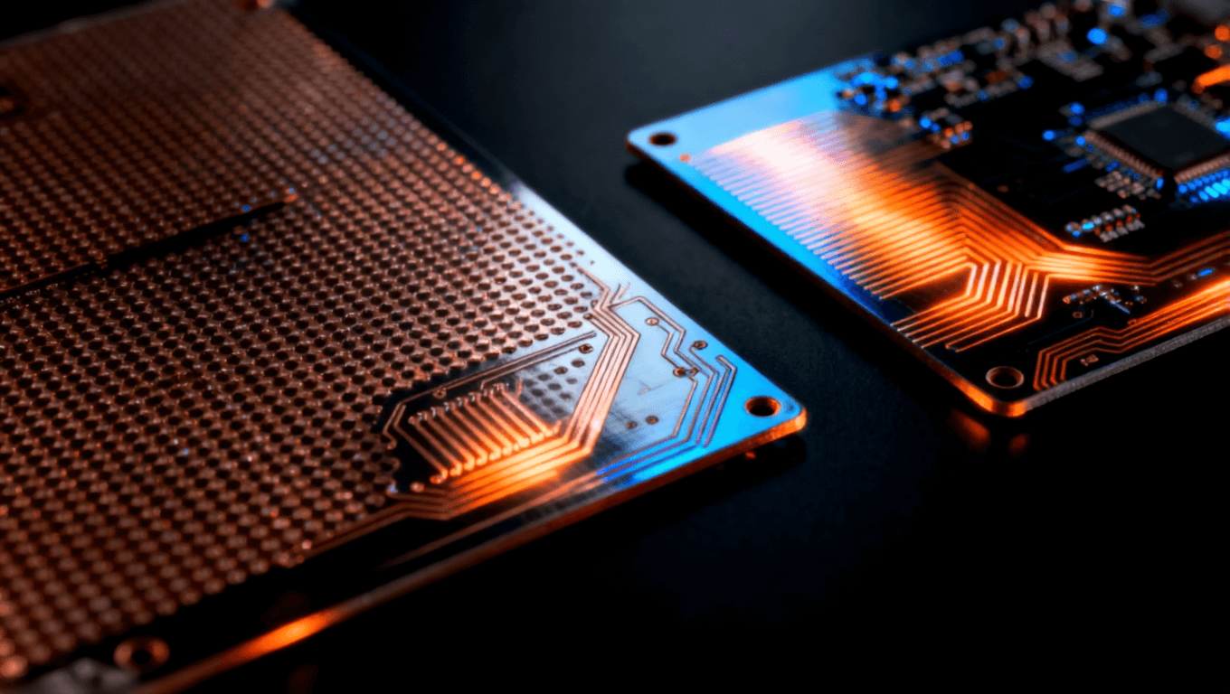 羅杰斯RO4003C與RO4350B電路板特寫，金屬光澤，精細銅線與熱散發圖案，橙藍微光效果