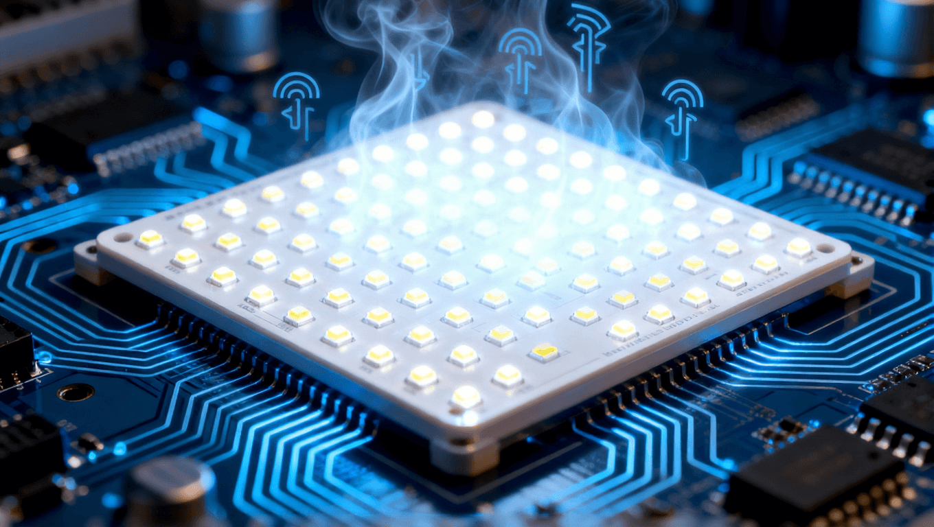 LED面板與高導電電路板，LED燈發光，散熱符號，清涼環境光，熱流線圍繞電路板